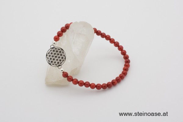 Armband Koralle + Blume des Lebens, Silber, 4mm